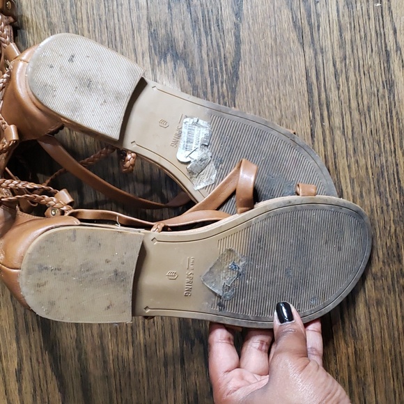 Call It Spring Tall Tan Gladiator Sandals with Gold Accent Heel - Picture 9 of 15